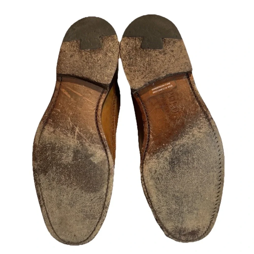Polo Ralph Lauren Sanderson Tan Leather‎ Wingtip Dress Shoes Sz 9D Retail: $525